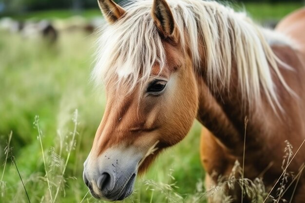 Brązowy koń z blond włosami zjada trawę na zielonej łące z głowy