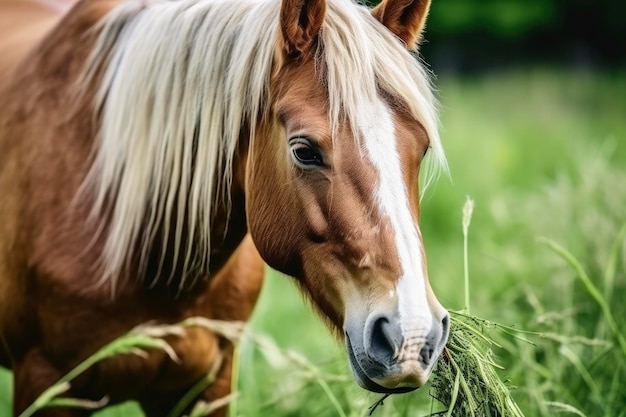 Brązowy koń z blond włosami zjada trawę na zielonej łące z głowy