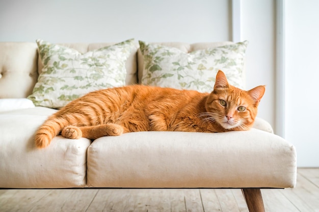 Zdjęcie brązowy kot domowy śpiący na białej kanapie w salonie generowana sztuczna inteligencja sztuczna inteligencja