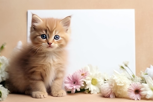 Brązowy kotek z kartą lub papierem i kwiatami