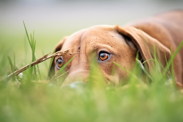 Zdjęcie brązowy labrador kopający w zielonej trawie