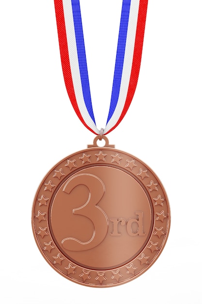 Brązowy medal zdobywców trzeciego miejsca ze wstążką na białym tle. Renderowanie 3D