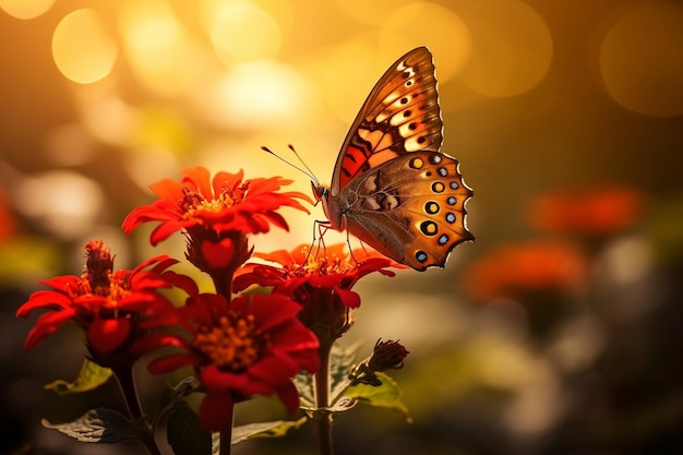 Brązowy motyl na czerwonym kwiacie w złotym generatywie Ai