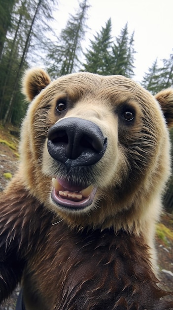 Brązowy niedźwiedź dotyka kamery robiąc selfie Zabawny selfie portret zwierzęcia