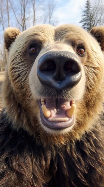 Brązowy niedźwiedź dotyka kamery robiąc selfie Zabawny selfie portret zwierzęcia