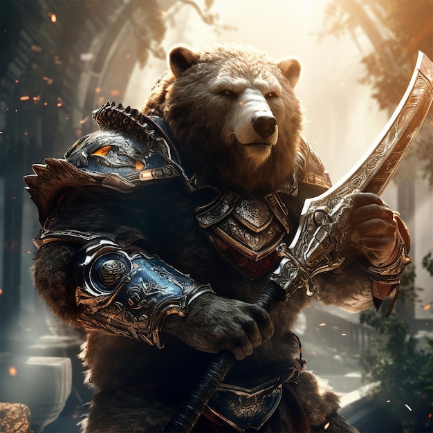 Zdjęcie brązowy niedźwiedź jako fantazyjny wojownik z masywnym