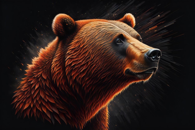 Zdjęcie brązowy niedźwiedź na czarnym tle z ogniem generującym ai