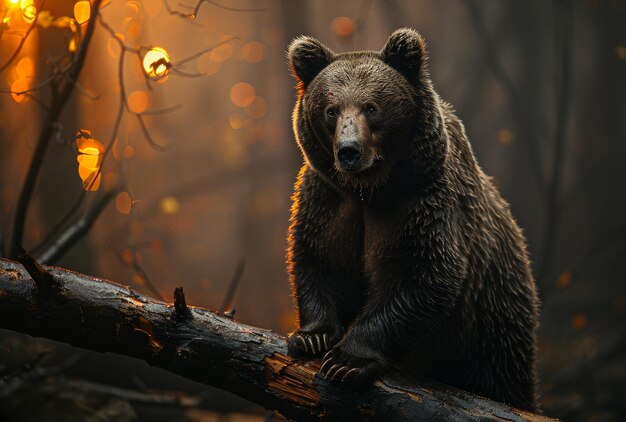 Brązowy niedźwiedź siedzący na drzewie w jesieni lasu