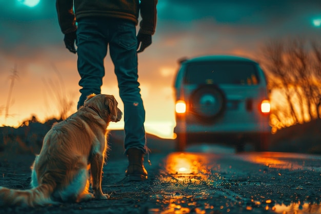 Brązowy pies siedzi przy drodze obok furgonetki