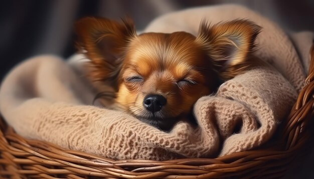 Brązowy pies śpi w koszu z kocem