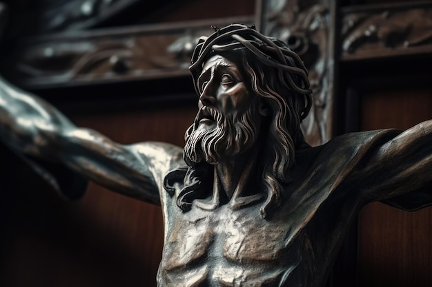 brązowy posąg Jezusa trzymającego krzyż