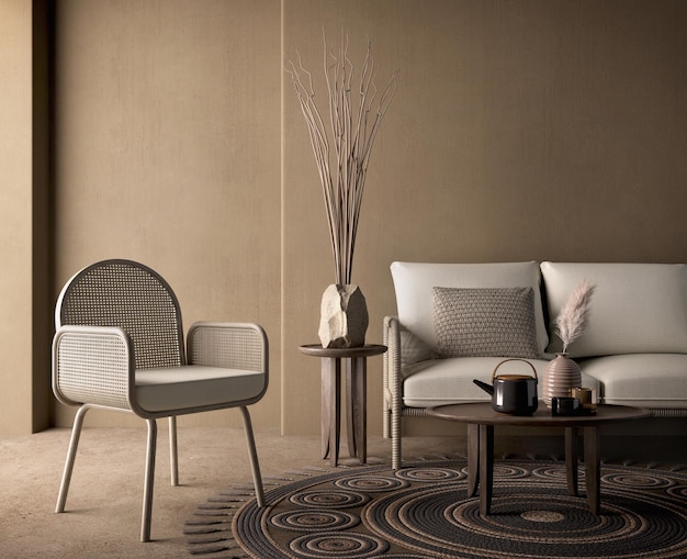 Brązowy salon w stylu Boho z wiklinowym krzesłem, sofą i wazonem na ciemnym tle ściany