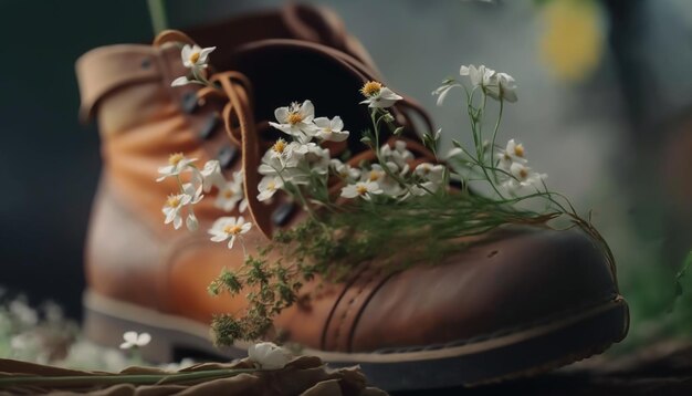 Zdjęcie brązowy skórzany but z kwiatami