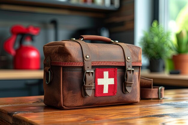 Brązowy zestaw pierwszej pomocy z czerwonym krzyżem stoi na drewnianym stole w domu