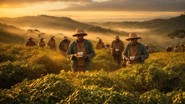 Brazylijscy rolnicy zbierający złotą kawę o świcie