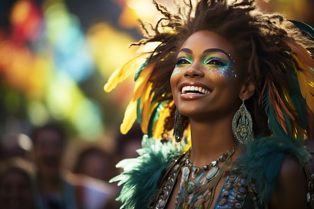 Brazylijska tancerka uśmiechająca się na karnawale w kostiumie piór Generatywna sztuczna inteligencja