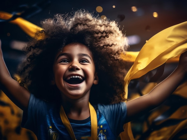Brazylijski chłopiec świętuje zwycięstwo swojej drużyny piłkarskiej