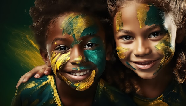 Brazylijskie dzieci z kolorową farbą i twarzą pomalowaną w stylu ciemnozielonego i jasnego złota