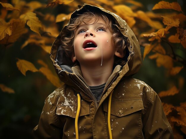 Brazylijskie dziecko w zabawnej, emocjonalnej, dynamicznej pozycji na jesieni.