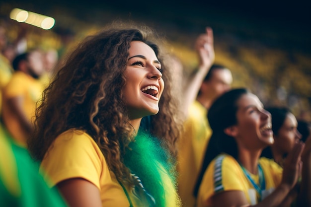 Brazylijskie fanki piłki nożnej na stadionie mistrzostw świata, wspierające drużynę narodową