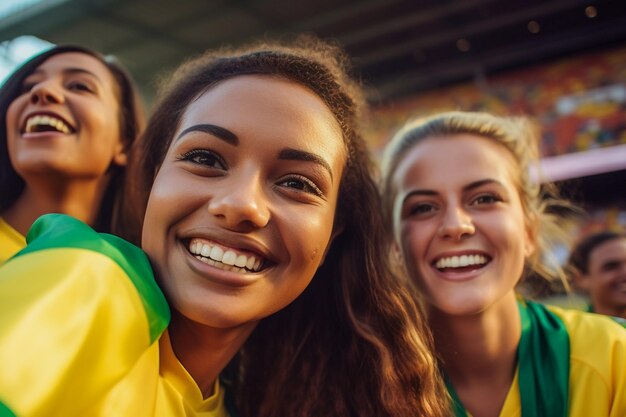 Brazylijskie fanki piłki nożnej na stadionie mistrzostw świata, wspierające drużynę narodową