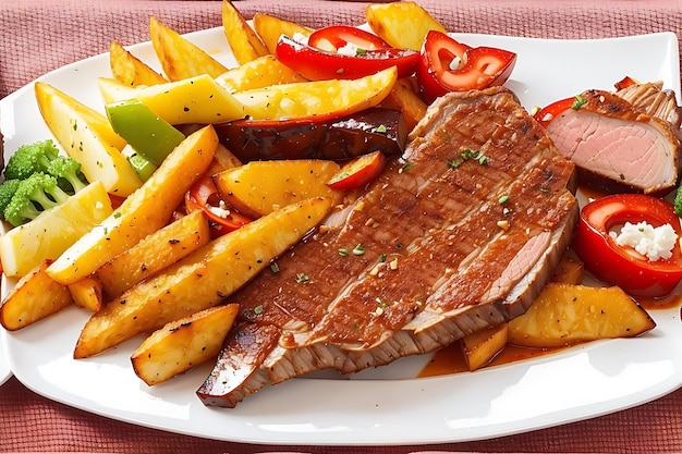 Brazylijskie jedzenie pieczone mięso z sosem warzyw i frytkami generatywny ai
