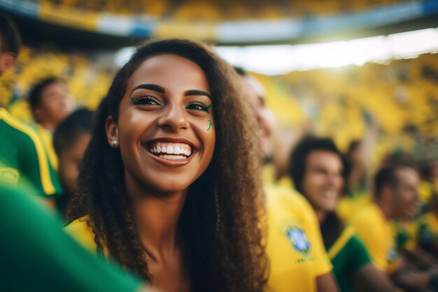 Brazylijskie kibice piłki nożnej na stadionie Mistrzostw Świata wspierają drużynę narodową