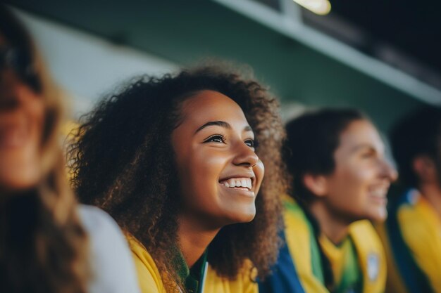 Brazylijskie kibice piłki nożnej na stadionie Mistrzostw Świata wspierają drużynę narodową