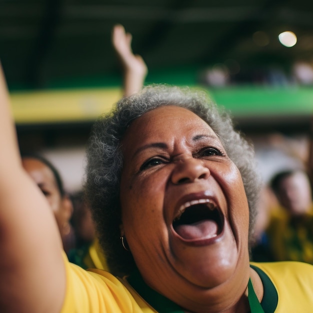 Brazylijskie kibice piłki nożnej na stadionie Mistrzostw Świata wspierają drużynę narodową