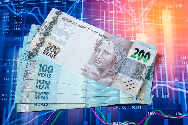Brazylijskie pieniądze bieżące w 2022 r. Brazylijskie monety na wykresie rynku finansowego symbol rynku ekonomicznego