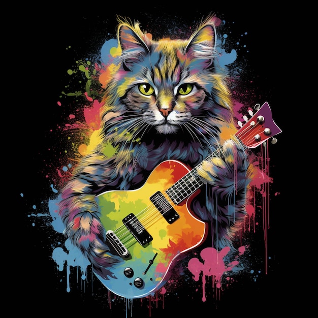 Brightly kolorowy kot z gitarą na czarnym tle z generatywnymi ikonami ai