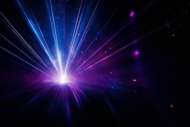 Brilliantne wiązki światła lasera płonące w niebieskim i fioletowym Ai generative