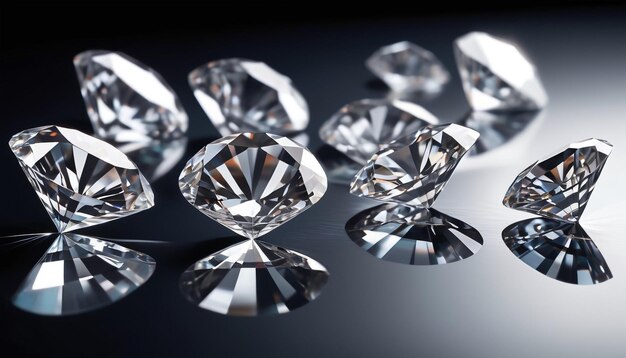 Brilliantnie wycięte diamenty błyszczą intensywnie rozrzucone na odblaskowej powierzchni 11