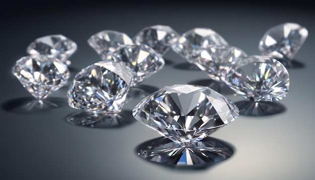 Brilliantnie wycięte diamenty błyszczą intensywnie rozrzucone na odblaskowej powierzchni 15