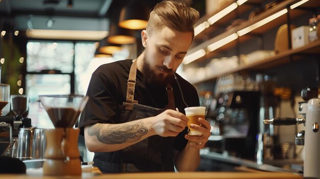 Zdjęcie brodaty barista robi kawy w kawiarni mały właściciel biznesu pracuje w swojej kawiarni