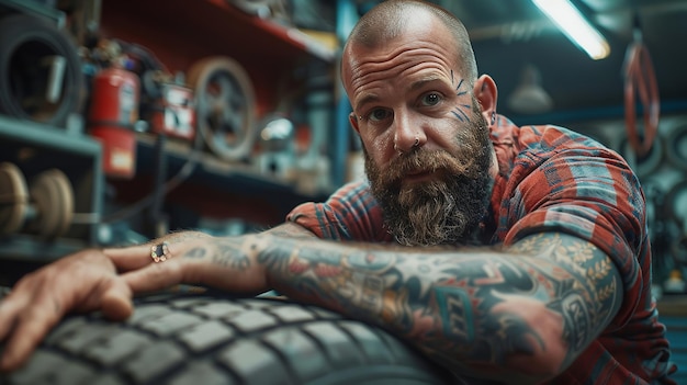 Brodaty i tatuażowany technik równoważący koło samochodu w warsztacie Generative Ai