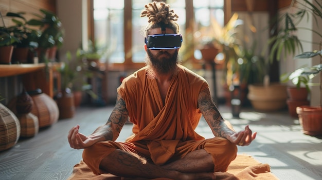 Brodaty mężczyzna w okularach VR z skrzyżowanymi nogami praktykuje jogę w jasnym mieszkaniu, nosząc okulary