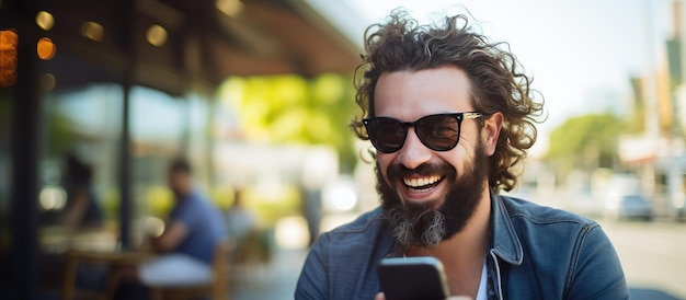 Brodaty mężczyzna za pomocą smartfona na zewnątrz uśmiecha się, dzwoniąc do prawdziwej osoby