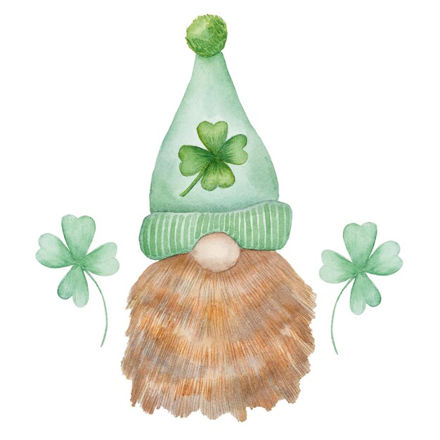 Brodaty Skandi Gnome W Zielonym Kapeluszu I Koniczynie Pozostawia Postać Patricks Day Na Białym Tle