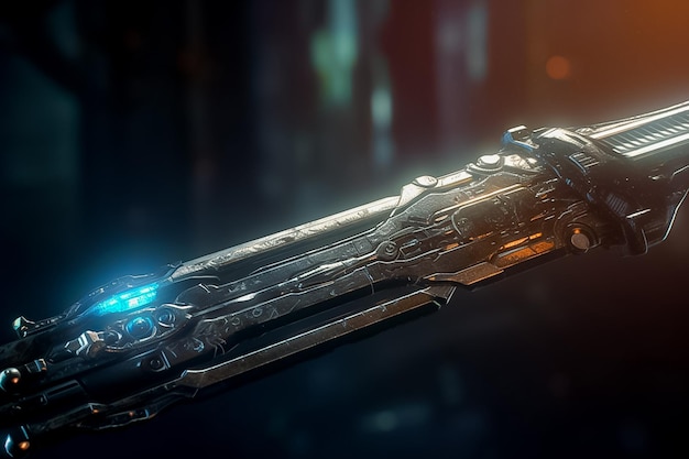 Broń glaive o długim ostrzu używana przez kosmitów, wygenerowana przez sztuczną inteligencję broni drzewcowej