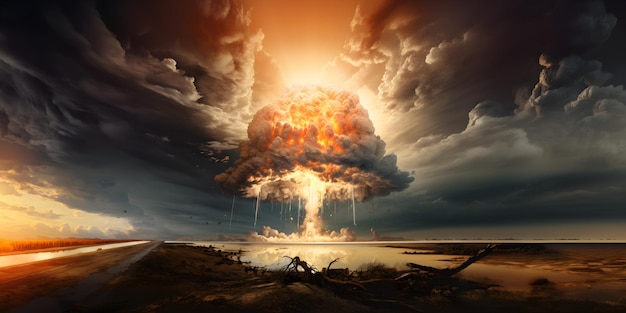 Broń jądrowa Próba zrzutu bomby atomowej z wybuchem jądrowym i dużym grzybem ognia