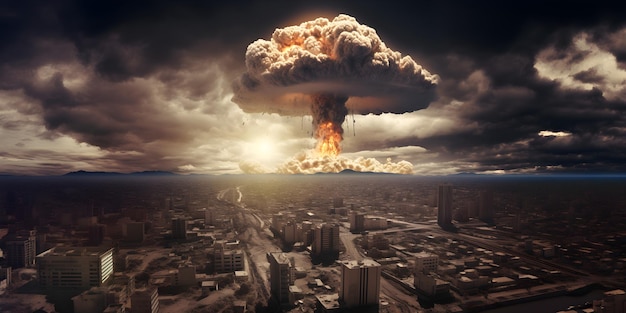 Broń jądrowa Wybuch bomby atomowej nad miastem zniszczonym przez wojnę Bomba atomowa 2