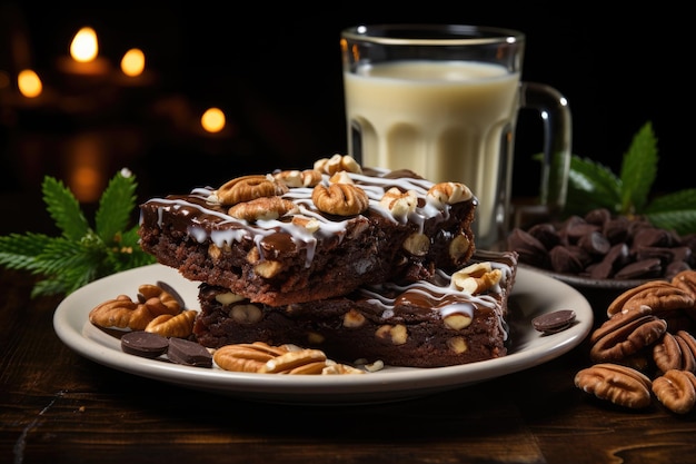 Brownie z orzechami obok szklanki zimnego mleka generatywnego IA