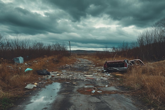 Zdjęcie brudna droga pokryta śmieciami surowy krajobraz ilustrujący spustoszenie spowodowane epidemią opioidów