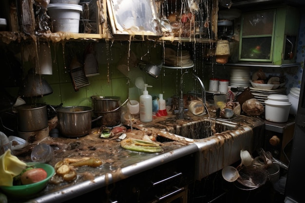 Zdjęcie brudna kuchnia, brudny chaos, zlewacz naczyń, generuj ai.
