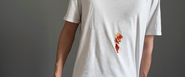 Brudna plama z sosu na białej koszulce na ubraniach