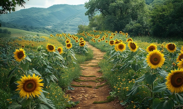 Brudna ścieżka prowadzi do pola słoneczników.