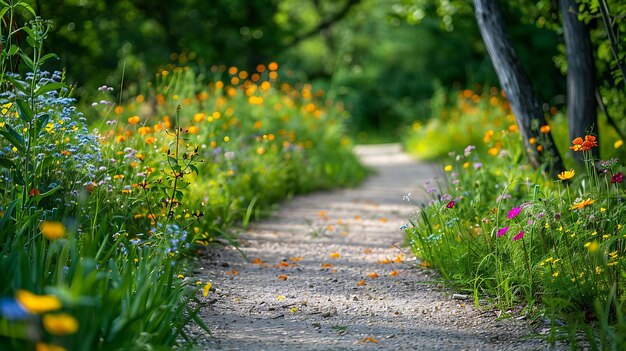 Brudna ścieżka przez łąkę z dzikimi kwiatami