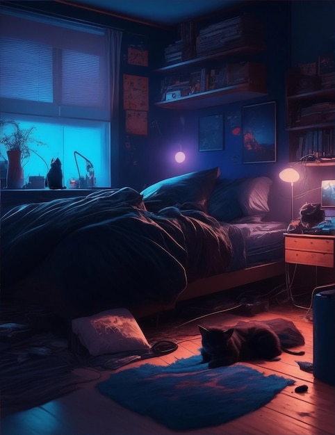 brudna sypialnia w nocy z ilustracją czarnego kota