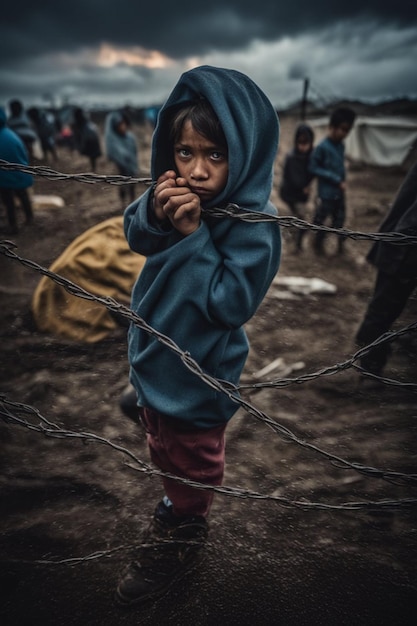 brudna twarz, głębokie spojrzenie, smutne dzieci na wojnie w obozie dla uchodźców, zmianach klimatycznych i koncepcji polityki globalnej